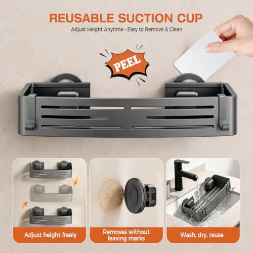 Lekesky Suction Cup Shower Caddy, No Drill Shower Shelves with a Towel Bar, Aluminum Rust Proof Bathroom Shower Organizer with 12 Hooks (2-Pack, Gunmetal Gray) - Image 5