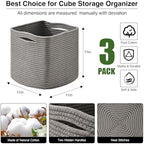 ICERZCZ 11 Inch Cube Storage Bins, Storage Cube Organizer Bins, Woven Cotton Rope Basket for Storage, Storage Baskets for Organizing Shelves, Grey Baskets for Toys Nursery, Grey (Pack of 3) - Image 3