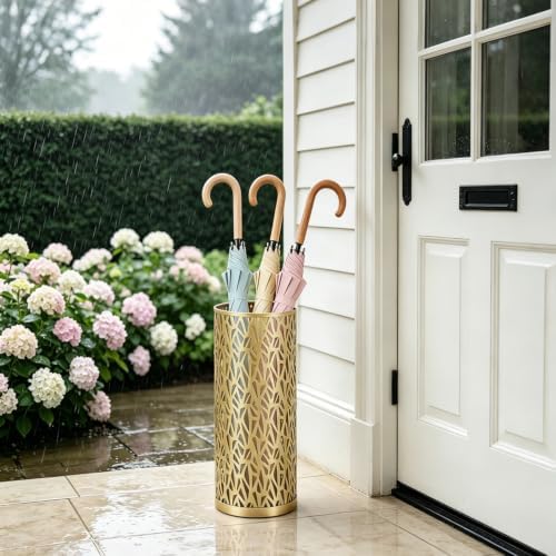 Metal Round Umbrella Stand Rack,Free Standing Umbrella Holder Bin, Canes Walking Sticks Holder for Entryway, Home, Office,Gold - Image 2