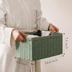 UBBCARE 2 Pack Wicker Basket, 13.4L×8.3H×7.1W inch Woven Paper Rope Storage Baskets for Shelves, Foldable Rectangular Storage Baskets with Handle, Storage Basket for Organizing, Green - Image 2