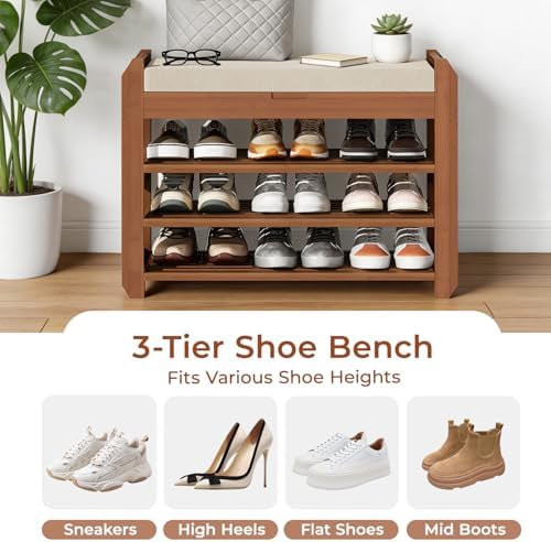 27.6" Entryway Shoe Rack Bench with Cushion, 3-Tier Storage Bench - Image 3