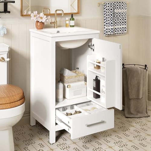 Harper & Bright Designs 18" Bathroom Vanity with Sink, Free Standing Single Vanity Set with One Divider Drawer, and Door Storage Shelf, Wooden Storage Cabinet with Ceramic Basin for Bathroom, White by HarperBrightDesigns