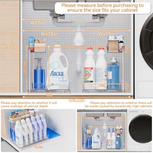 Yieach 2 Pack 14.6″ Deep Pull Out Under Sink Organizer,12.8″ High 2 Tier Slide Out Cabinet Organizer for Kitchen Cabinet,Undersink Organizers,Under Sink Shelves,Bathroom Organizers and Storage,Clear - Image 3