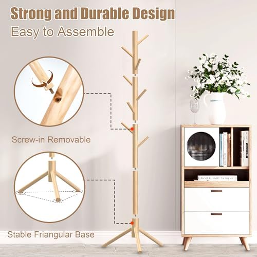 Aliphon Wooden Coat Rack Stand, Freestanding Coat Rack with 8 Hooks, 3 Adjustable Size Coat Tree for Hats, Coats, Scarves bags, Coat Hanger Stand Used in Bedroom/Office/Entryway,2 PCS (Natural) - Image 5