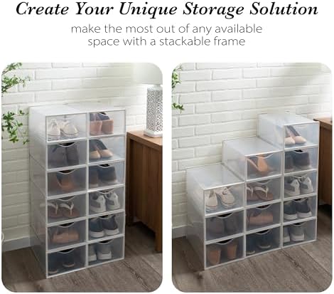 Simplify Set of 12 Stackable Shoe Boxes | Customizable | Fits Size 11 Shoes | Drop Front Design | Closet Storage | Sneakers | Heels | Clear and White - Image 2