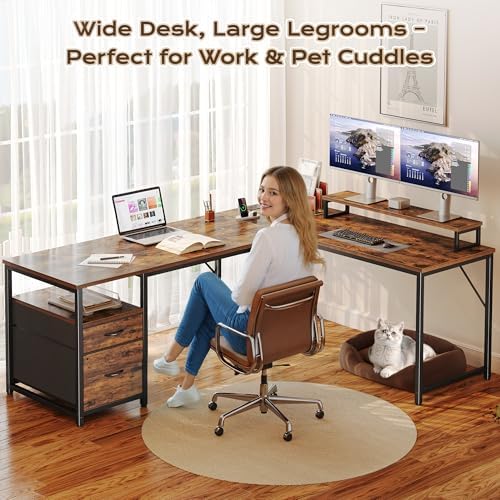 PRAISUN 63 Inch L Shaped Desk with Power Outlets and USB-C Port, Computer Corner Home Office Desk with File Fabric Drawers and Movable Monitor Stand, Larger Storage, Gaming, Writing, Rustic Brown - Image 7