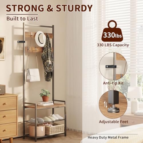3-in-1 Entryway Coat Rack Hall Tree with Shoe Storage Bench - Brown - Image 6