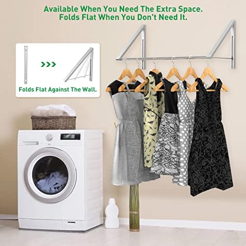 Laundry Room Drying Rack Wall Mounted Clothes Hanger Folding Wall Coat Racks Aluminum Home Storage Organiser Space Savers Silver 2 Rakcs with Rod - Image 4