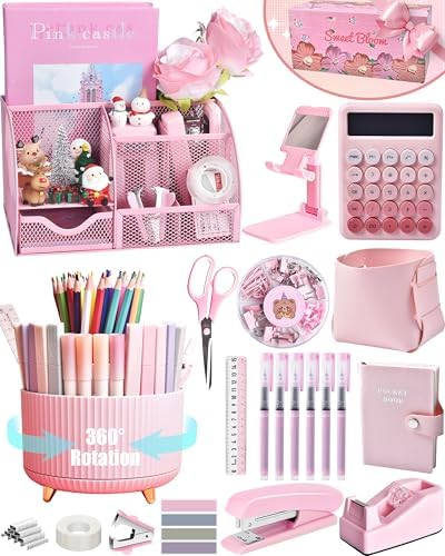LXEVIHK Pink Desk Accessories 21-Piece Office Supplies Gift Set for Women by StyleYourDeskinOneColor