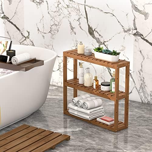 Domax Bamboo Bathroom Shelf 3-Tier Wall Mount Storage Rack Multifunctional Adjustable Layer Free Standing Over Toilet Utility Shelves Living Room Kitchen (Walnut) - Image 4