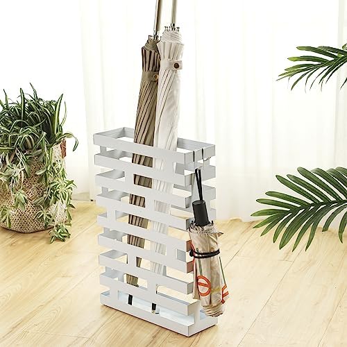 Umbrella Stands for Entryway Large Metal Umbrella Holder with Removable Water Tray and Hooks Decor Freestanding Rectangular Umbrella Hollow Rack for Home Office (White, 3.94 x 11.81 x 16.93 Inch) - Image 4