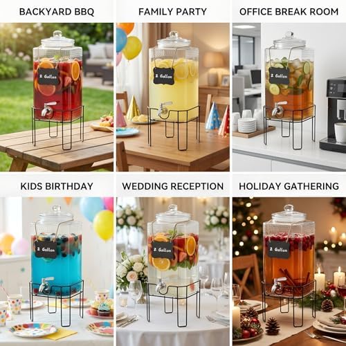 2 Gallon Glass Drink Dispenser, Drink Dispensers for Parties, Beverage Dispenser with Stand and Glass Lid, 100% Leakproof Spigot, Ideal for Lemonade, Juice, Laundry Detergent Dispenser - Image 5