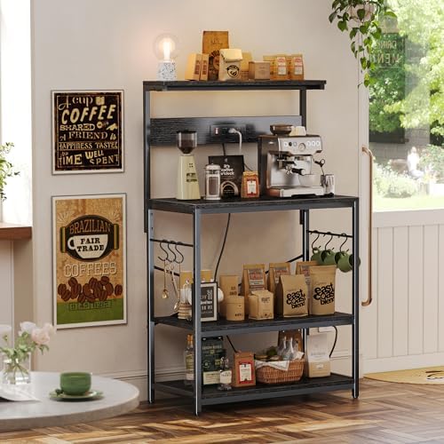 SUPERJARE Bakers Rack with Power Outlets, Microwave Stand, 31.5 X 16.5 Inch Larger Desktop, Kitchen Storage Rack with Adjustable Middle Shelf, 6 S-Shaped Hooks, Coffee Bar Stand, Black - Image 6