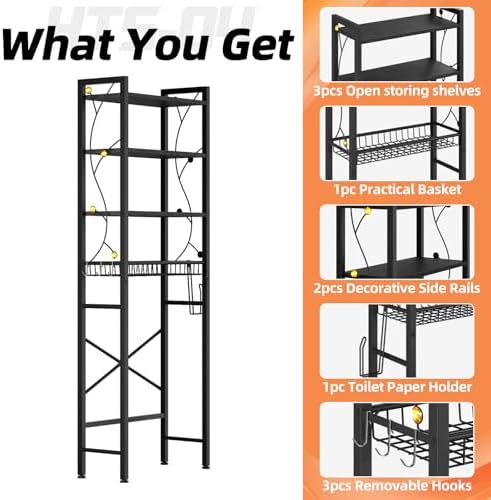 Over-The-Toilet Storage Rack, 4-Tier Bathroom Organizer Shelf Over Toilet with Adjustable Shelf and Basket, Freestanding Space Saver Bathroom Shelves Above Toilet for Room (Pure Black) - Image 6