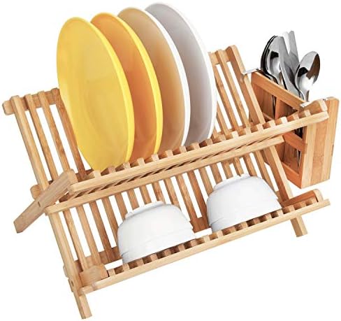 Lawei Bamboo Dish Drying Rack with Utensil Holder - Collapsible Dish Drainer Foldable Dish Rack Bamboo Plate Rack for Plates, Cups, Mugs, Utensil, Flatwares - Image 5