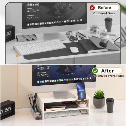 TEAMIX 2-Tier White Monitor Stand Riser with Phone Holder&Clear Pen Holder - Image 6