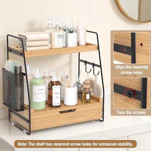 2-Tier Bathroom Counter Organizer with Drawer, Wood Counter Storage Shelf - Image 6
