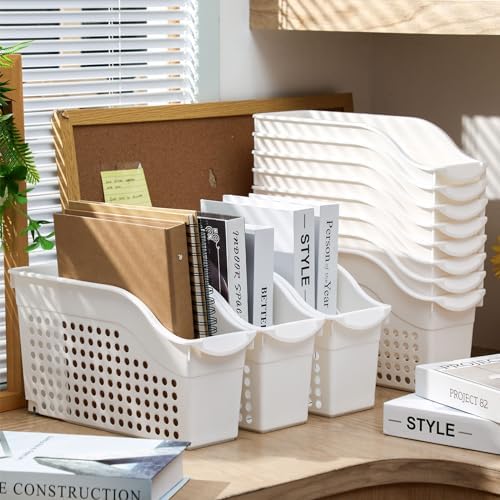 CroBlissful 12 Packs Large Book Bins with Wheels Plastic File and Binder Holders White Hollowed Magazine Books Storage Organizers for Home Office Supplies - Image 2