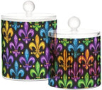 Mardi Gras Purple Green Qtip Holder Waterproof Dustproof Apothecary Jars with Lids For Bathroom Cotton Swabs Makeup Sponges Floss Picks Bath Salts 2 Pack - Image 2