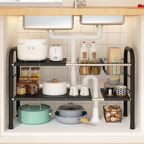Expandable Under Sink Organizer, 2 Tier Under Sink Shelf by KOSIWU