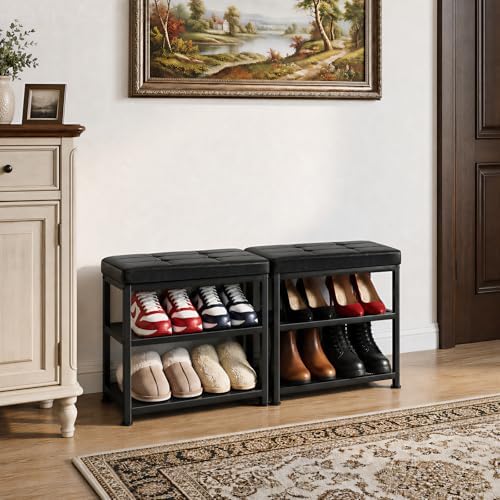 Small Shoe Storage Bench with PU Leather Seat Cushion, 3-Tier Freestanding Shoe Rack Organizer for Entryway, Heavy-Duty Metal Mesh Shelves, Supports Up to 300 lbs, Black (15.7"x11.4"x17.5") - Image 2