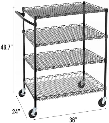 Finnhomy 4 Tier Heavy Duty Commercial Grade Rolling Cart with Handle Bar, Metal Wire Utility Cart with Wheels, Service Trolley on Wheels, Shelf Size 24" D x 36" W, NSF, Black - Image 2