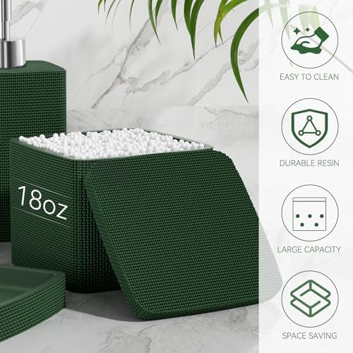 Dark Green Bathroom Accessories Set 5 Pieces, Resin Toothbrush Holders Set Complete with Soap Dispenser, Toothbrush Holder, Vanity Tray, Bathroom Tumbler and Qtip Holder for Small Spaces - Image 5