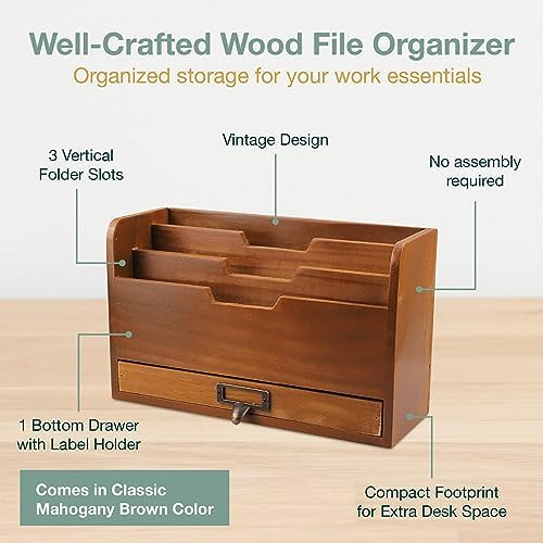 Rustic Wooden Desk Organizer - Vertical File Sorter with 3 Compartments & 1 Paper Tray Drawer - Mahogany Wood - Image 4