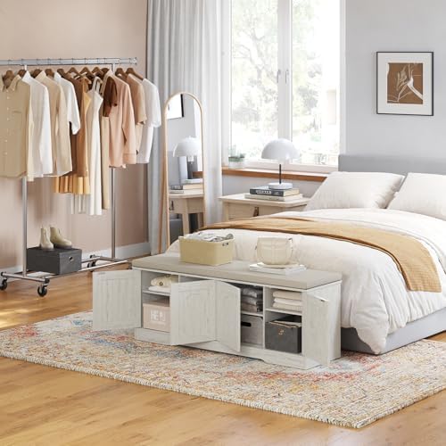 DINZI LVJ Shoe Storage Bench with Cushion, Door, Rustic White 47.2"LX17.7"H - Image 2