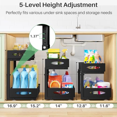 Under Sink Organizer, 2 Pack 2 Tier Pull out Cabinet Organizer Baskets with Mesh Sliding Drawers, Slide out Sink Storage Shelves for Home, Kitchen, Bathroom, Pantry, Office Organizers and Storag,Black - Image 4