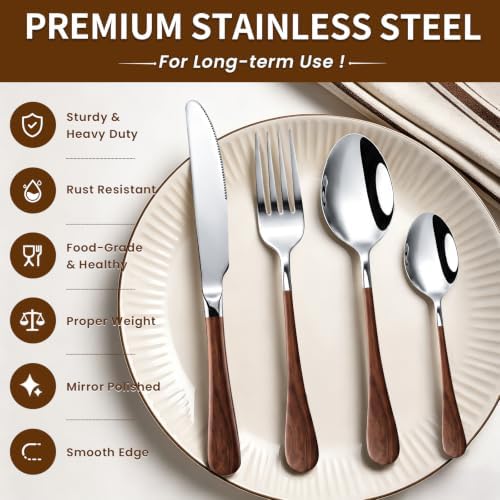 Orange Silverware Set with Expandable Drawer Organizer for 6-24 Piece Stainless Steel Flatware Set with Spoons, Forks, Knives, Heavy Duty Mirror Polished for Home/Kitchen/Restaurant (Woodgrain) - Image 3