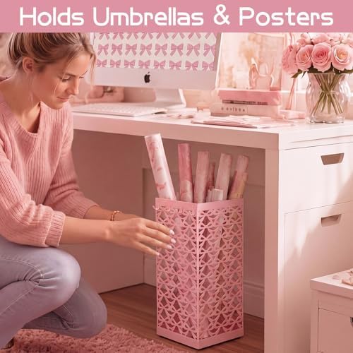 Hicarer Pink Bow Umbrella Holder for Entryway with Drip Tray and 4 Hooks - Image 6