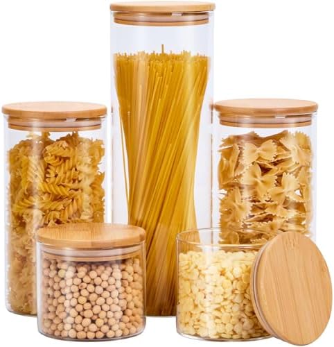 Glass Food Storage Jars with Lids[Set of 5], Perfect for Pasta, Cookies, Nuts, Coffee, Cereal, Flour, Organize Your Kitchen and Pantry with these BPA-Free Glass Jars with Canisters by spreccio