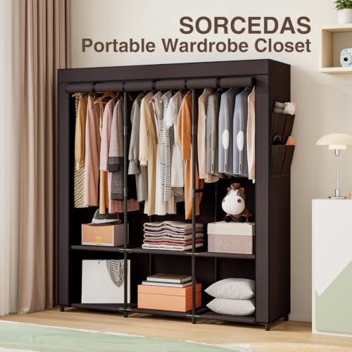 SORCEDAS Portable Closet Wardrobe with Hanging Rods Shelves Clothes Storage - Image 2