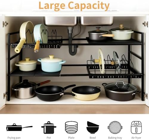 Pots and Pans Organizer Under Cabinet, Expandable Pots Organizers Inside Cabinet, Adjustable Height Under Sink Shelf 2 Tier with 10 Dividers Under Cabinet Shelf, Pot and Pan Lid Holder Rack (Black) - Image 6
