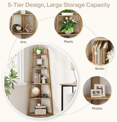 Tribesigns 70 inch Tall Corner Shelf, 5 Tier Modern Corner Bookshelf Bookcase Industrial Corner Ladder Shelf Plant Stand for Living Room, Kitchen, Home Office (Light Brown) - Image 7