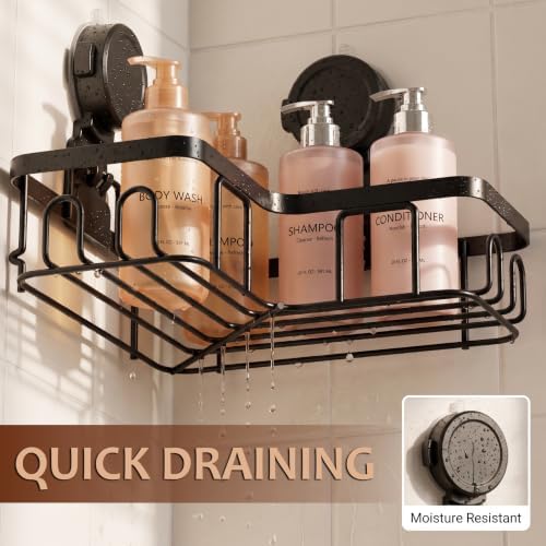 Moforoco Corner Shower Caddy Suction Cup, No Drilling Stainless Steel Shower Shelves, Portable/Movable Large Suction Cup Shower Organizer with Hooks Bathroom Storage Rack(Black) - Image 6