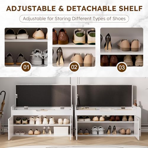 39.4" Storage Bench - Entryway Shoe Bench with Side Storage Shelves and 2 Doors, Multifunctional Entryway Bench with Lift Top Cushion, Shoe Storage Bench for Bedroom, Living Room, White - Image 4
