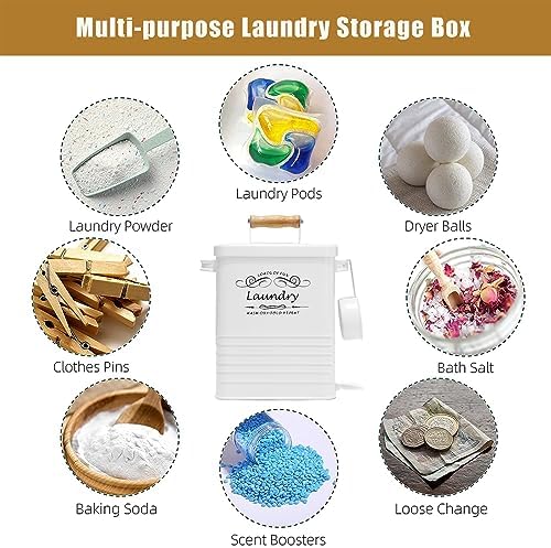 SSTATES Laundry Room Organization Set, Metal Laundry Detergent Pods Container and Dryer Sheet Holder with Lid, Laundry Powder Storage Bin with Scoop for Farmhouse Decor, (2 Pack, White) - Image 3