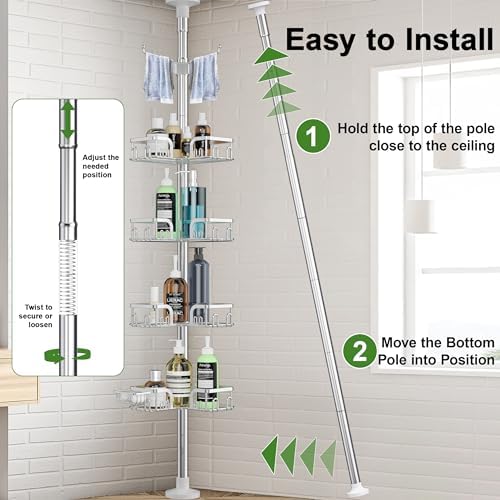 Corner Shower Caddy Tension Pole 4 Tier Adjustable Stainless Steel Shower Shelf for Inside Shower Bathtub Shampoo,Standing Bathroom Organizer Shelves with 26 to 120 inch Height - Image 6