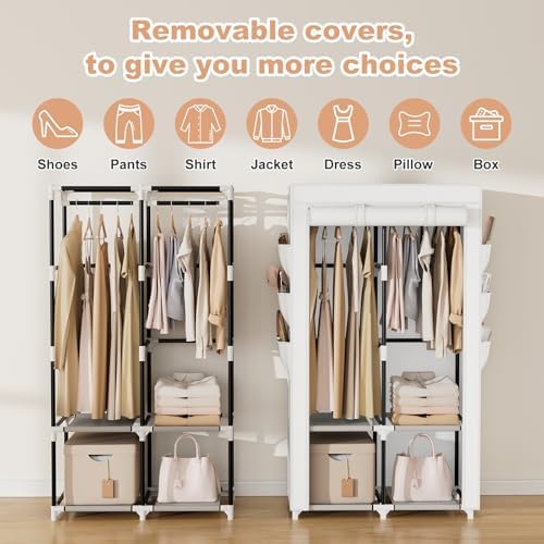 VTRIN Portable Closet Wardrobe Closet for Hanging Clothes with 4 Storage Shelves, 2 Hanging Rods and 6 Pockets, Stable and Easy Assembly Clothes Rack with Cover Free Standing Closet White - Image 5