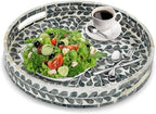Serving Tray 12.5 Inch, Lacquer Mother of Pearl Inlay Mosaic Tray, Round Wooden Marble Tray with Handles Trays for Tea, Breakfast (Black Leaf) - Image 4