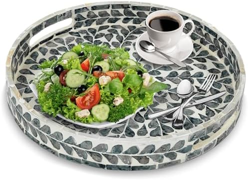 Serving Tray 12.5 Inch, Lacquer Mother of Pearl Inlay Mosaic Tray, Round Wooden Marble Tray with Handles Trays for Tea, Breakfast (Black Leaf) - Image 4