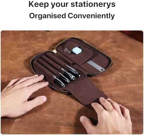 CONTACTS Full Grain Crazy Horse Leather Pencil Case Handmade Vintage Zipper Pen Holder Pouch with Card Slot Pens Organizer Pockets Stationery Bag for Men - Image 2