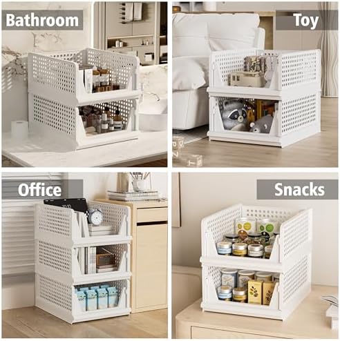Proarea 5 Pack Stackable Storage Bins, Closet Organizers and Storage, Foldable Closet Organizer Baskets for Clothes, Plastic Drawer Bins for Closet Organization, Wardrobe Shelf, Laundry Room, White - Image 7
