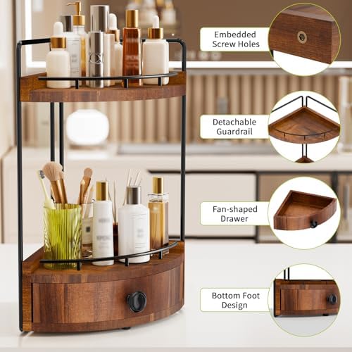 2-Tier Corner Bathroom Counter Organizer with Drawer, Acacia Wood - Image 3
