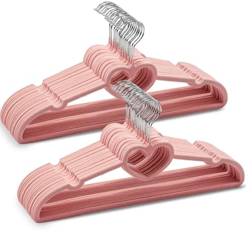 50 Pack Velvet Pink Hangers, Cute Heart Clothes Hangers with 360 Degree Swivel Hook, Non-Slip Thin Felt Hanger for Adult, Coat, Dress, Shirt, Jacket, Pants in Closet by SeeyouinSeuqhck