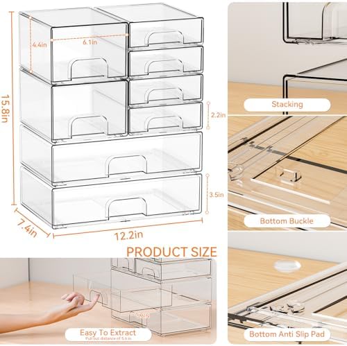 Yieach 8 Pack Clear Stackable Storage Drawers,Acrylic Drawer Organizer for Medicine,Palettes,Hair Accessories and Makeup Organizer,Plastic Drawers for Cabinet,Office,Desk,Bathroom Storage Containers - Image 3