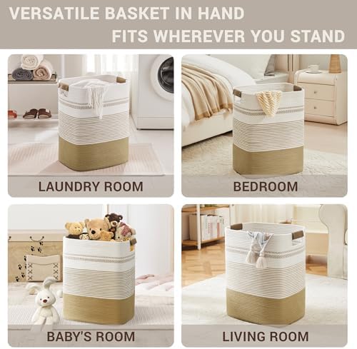 85L Tall Woven Laundry Basket Hamper with Leather Handles,Khaki - Image 4