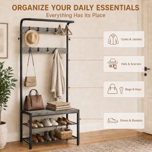Simple Deluxe 4-in-1 Hall Tree with Bench and Shoe Storage, Entryway Coat Rack with 10 Hooks, Freestanding Mudroom Organizer with 2-Tier Shoe Rack for Entryway Bedroom Foyer, Grey - Image 6